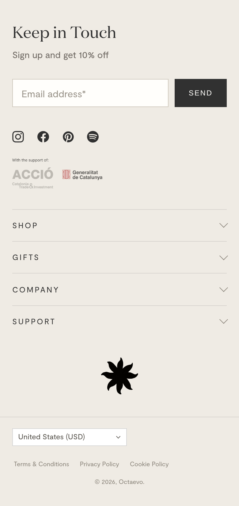 Footer section from Octaevo, on a phone
