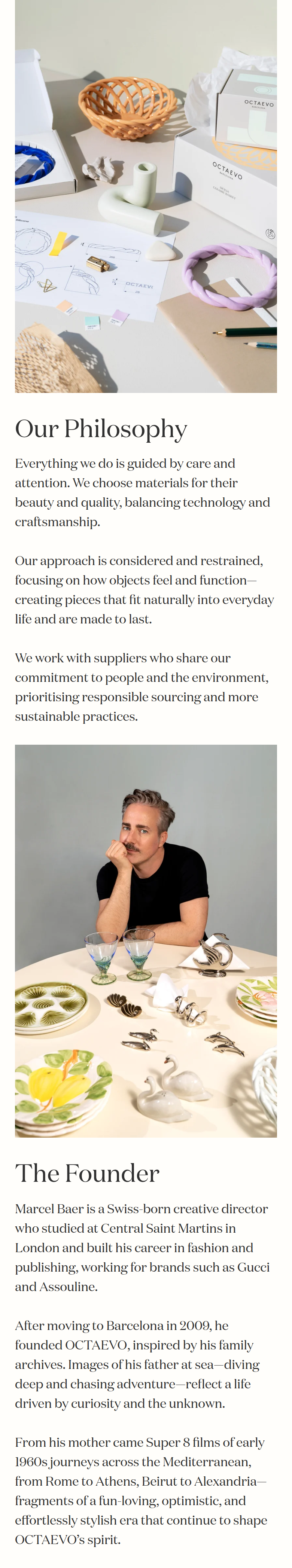 Philosophy and Founder section from Octaevo, on a phone