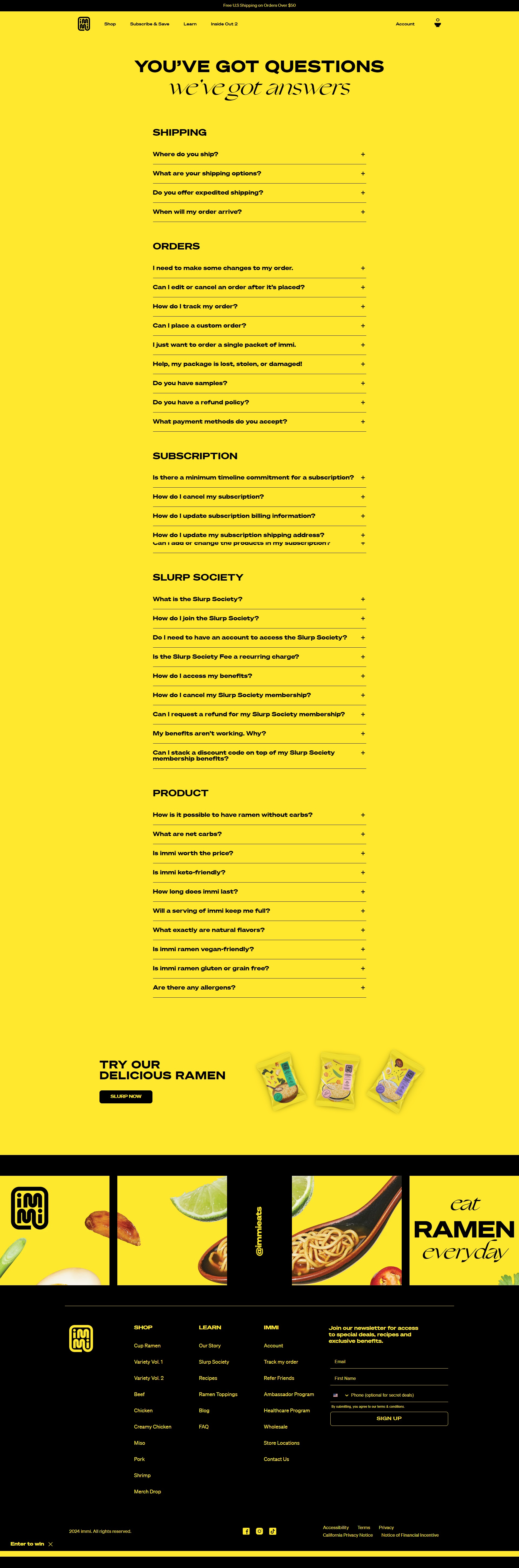 Screenshot of the FAQs page