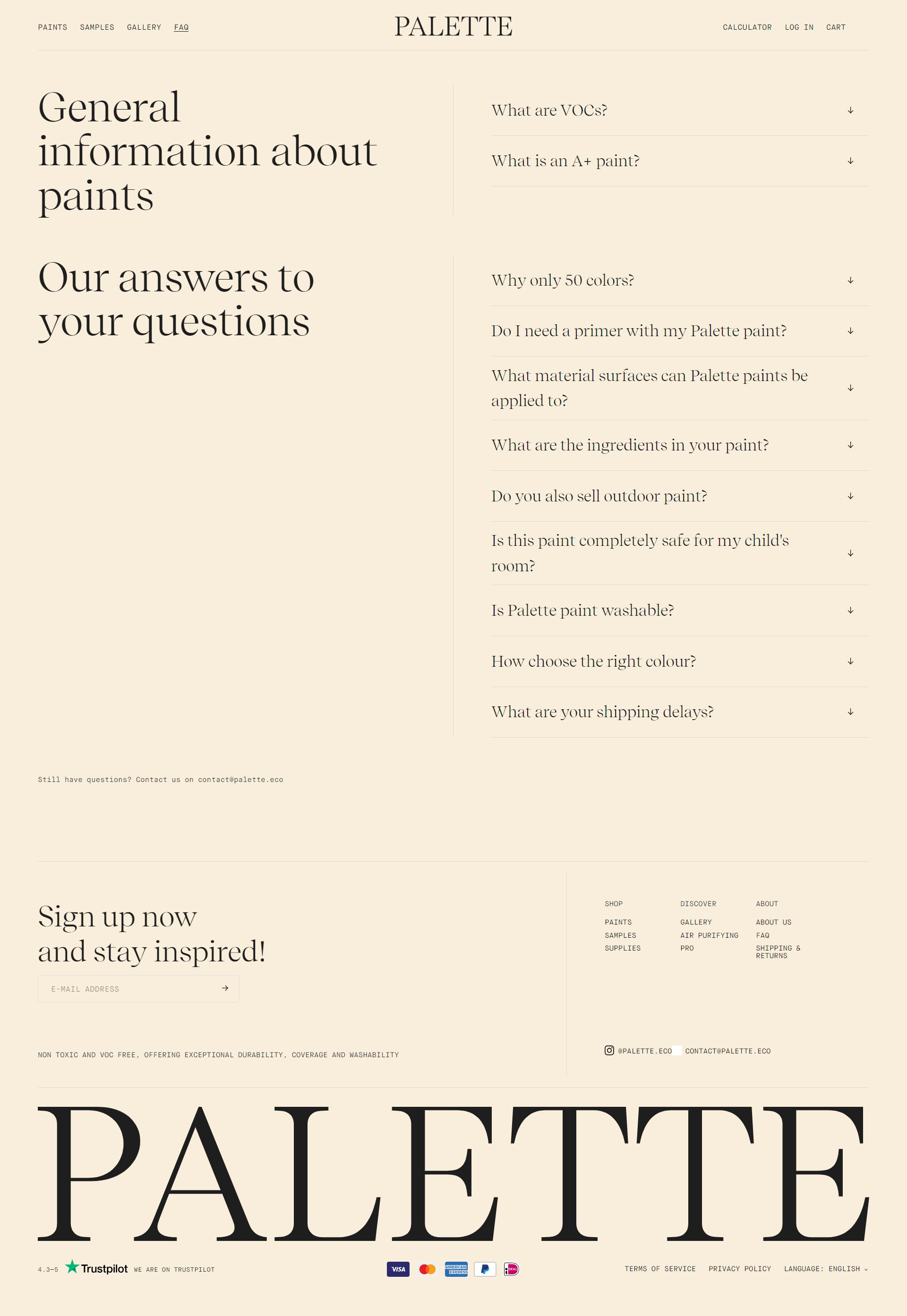 Screenshot of the FAQs page