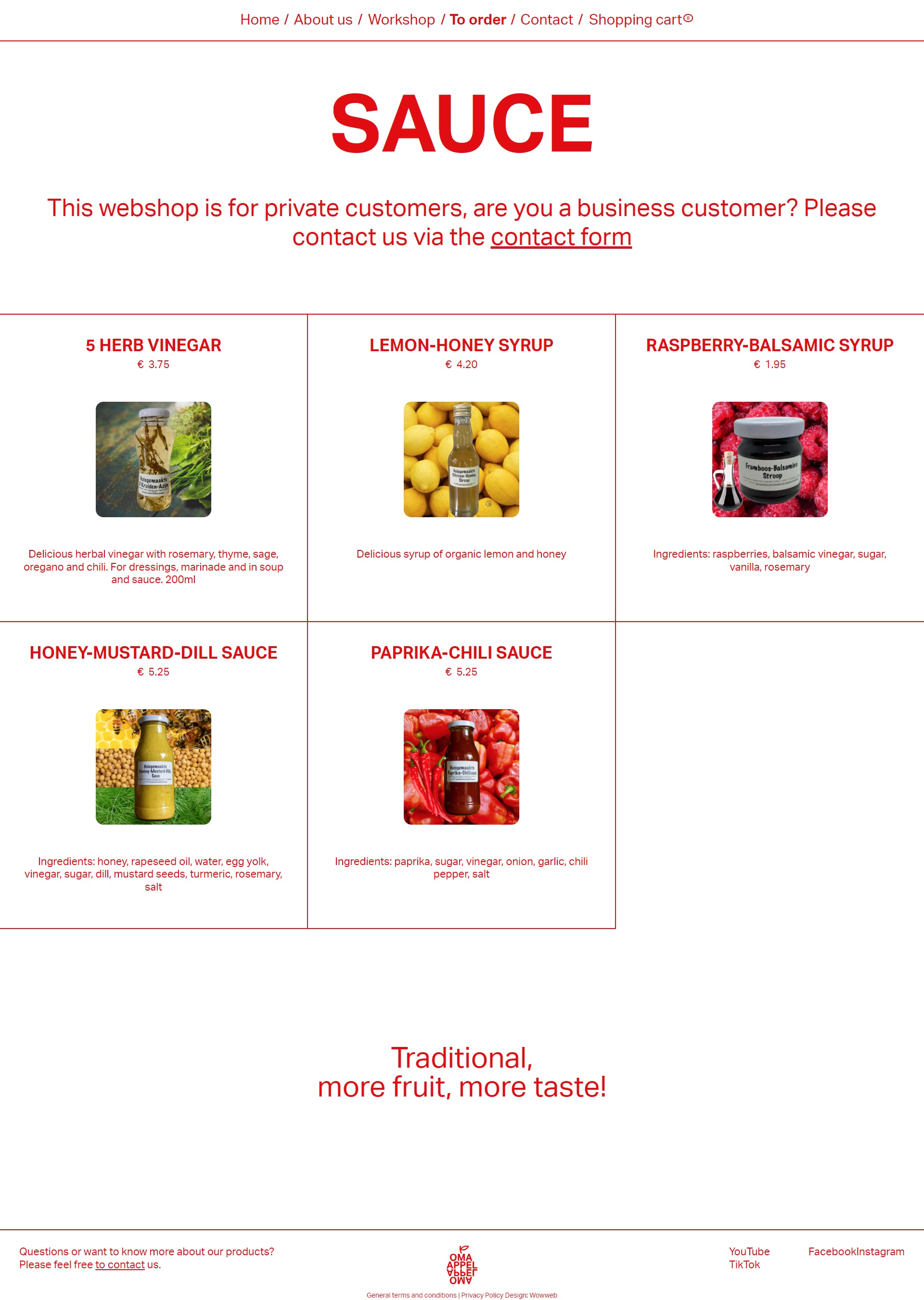 Screenshot of the Sauces page