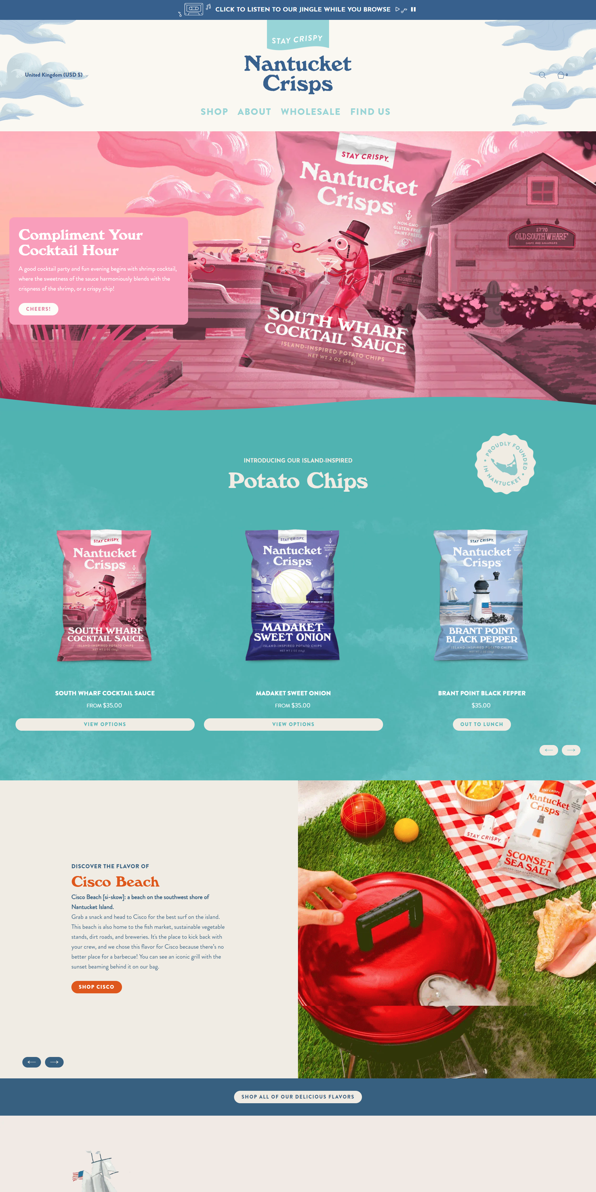 Screenshot of the Nantucket Crisps website home page