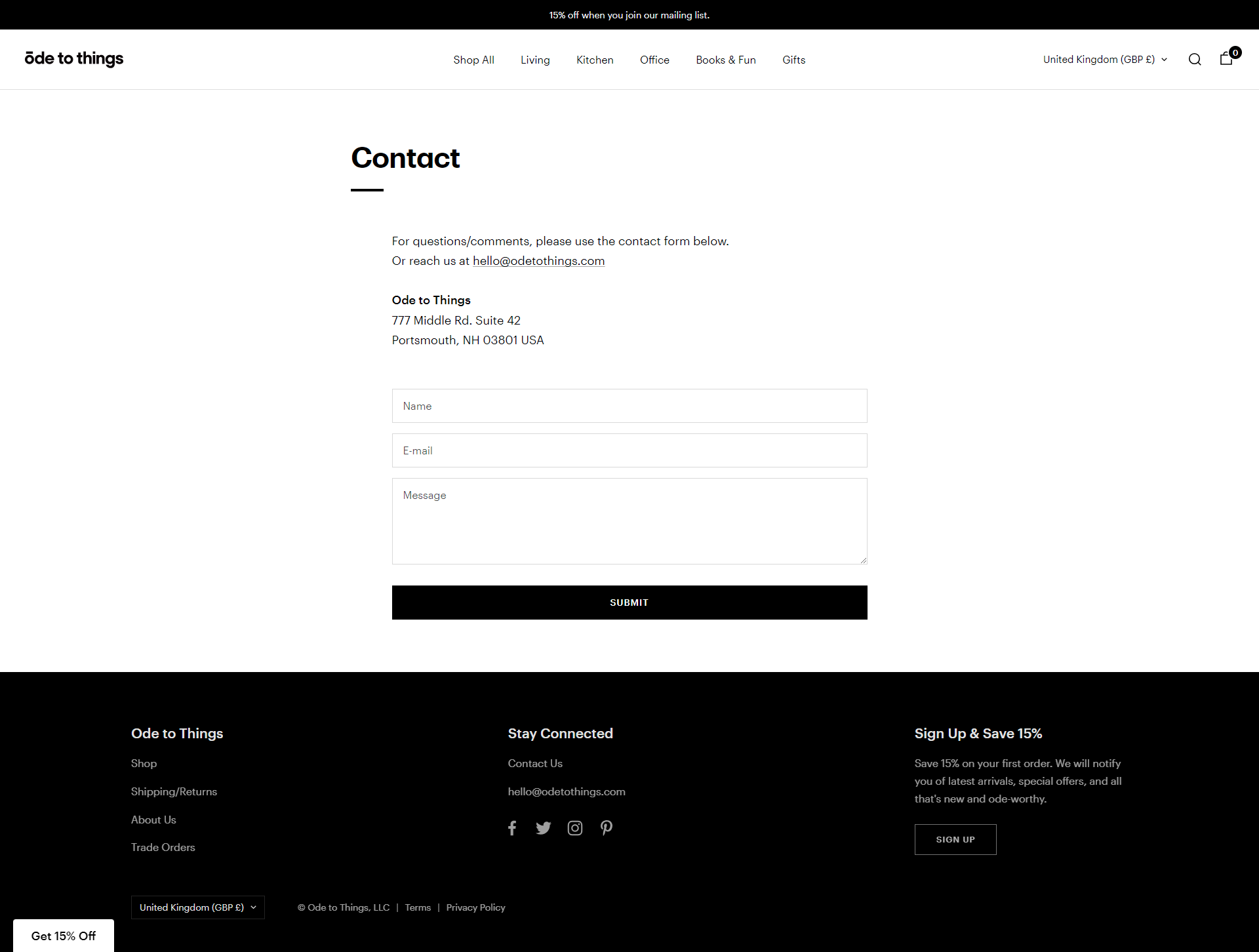 Screenshot of the Contact page