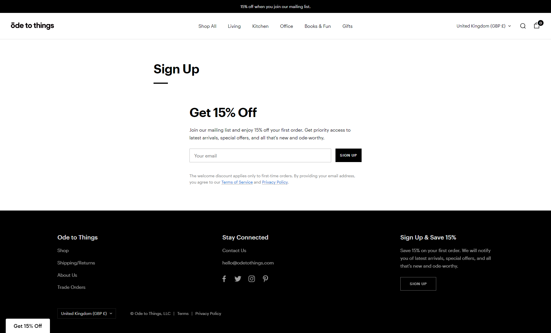Screenshot of the Sign Up page