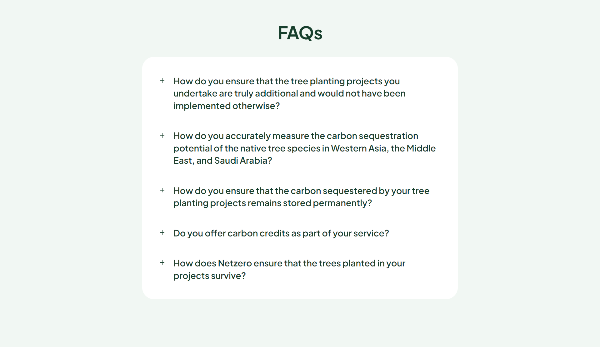 Screenshot of the FAQs section