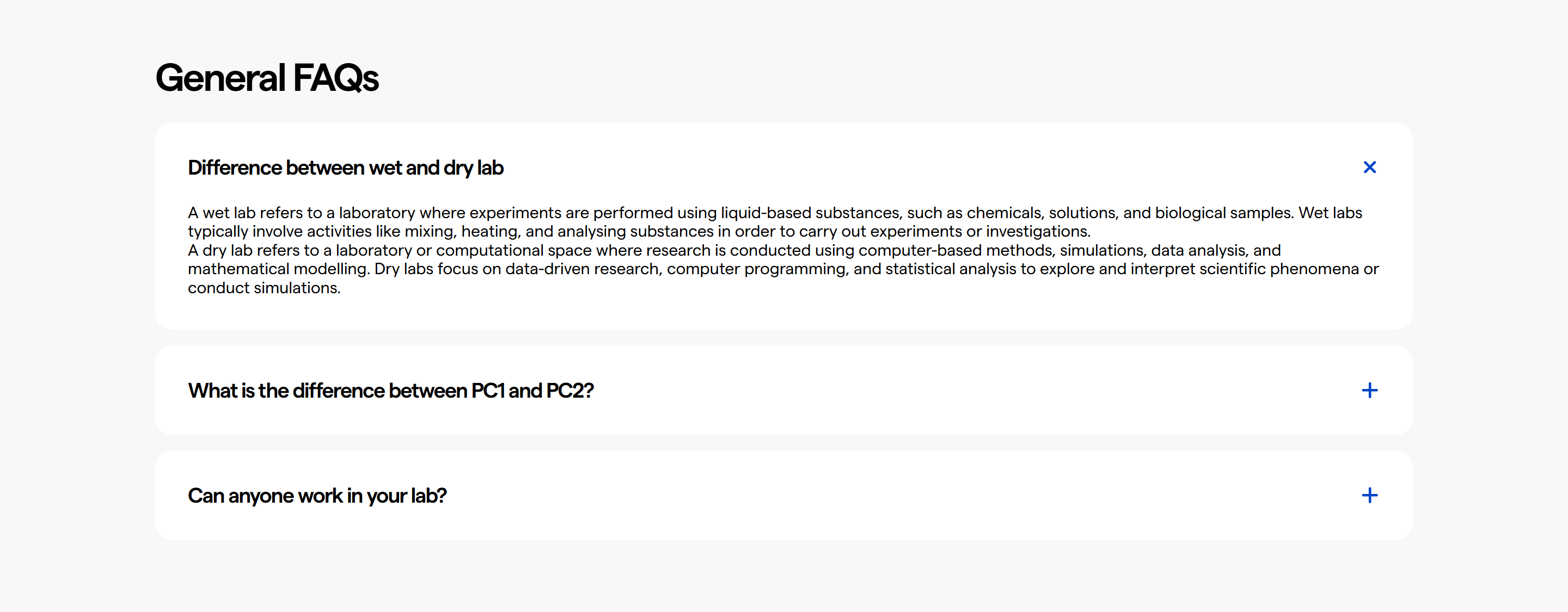 Screenshot of the FAQs section