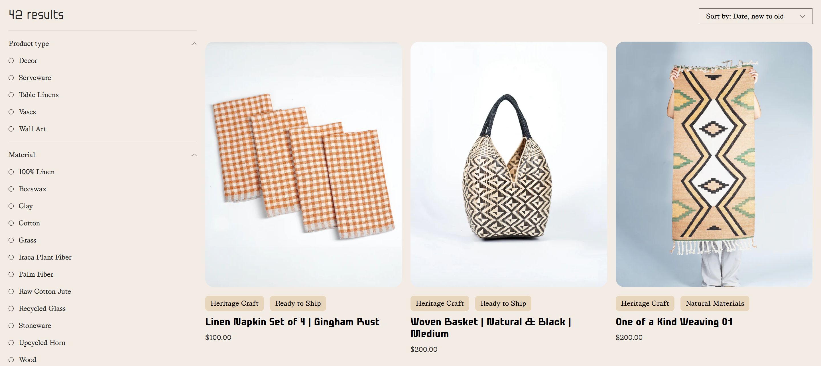 Screenshot of the Products section