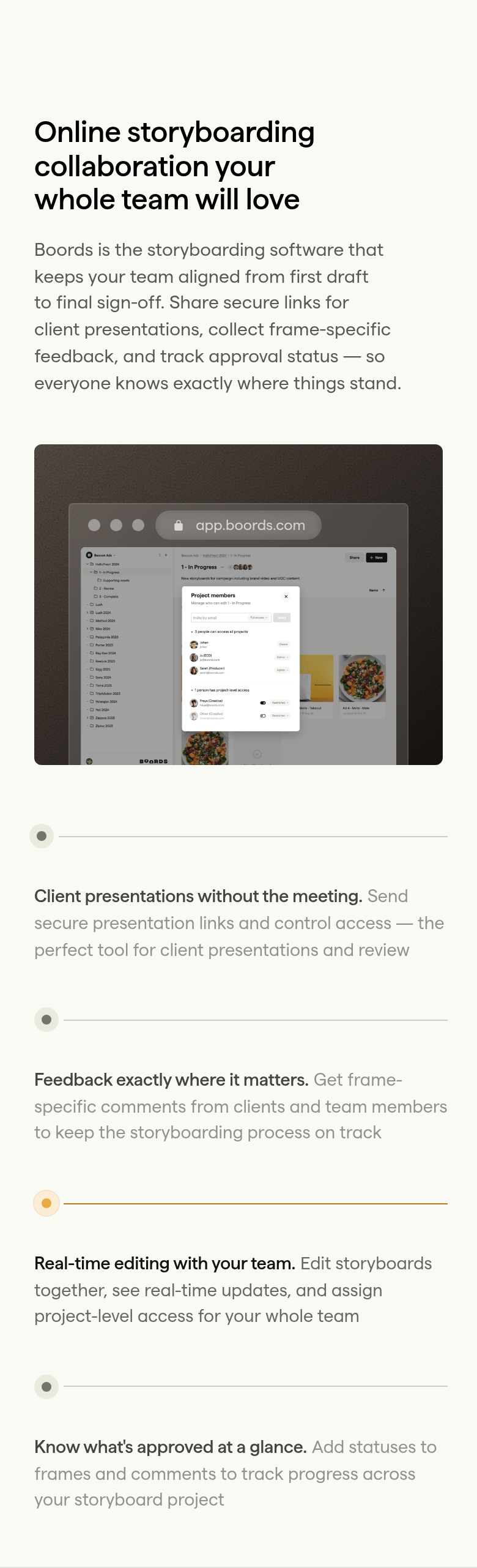 Collaboration section from Boords, on a phone