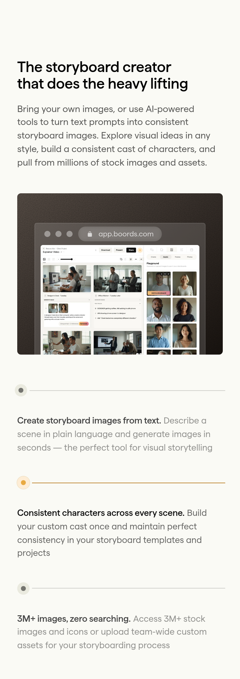 Storyboard Creator section from Boords, on a phone
