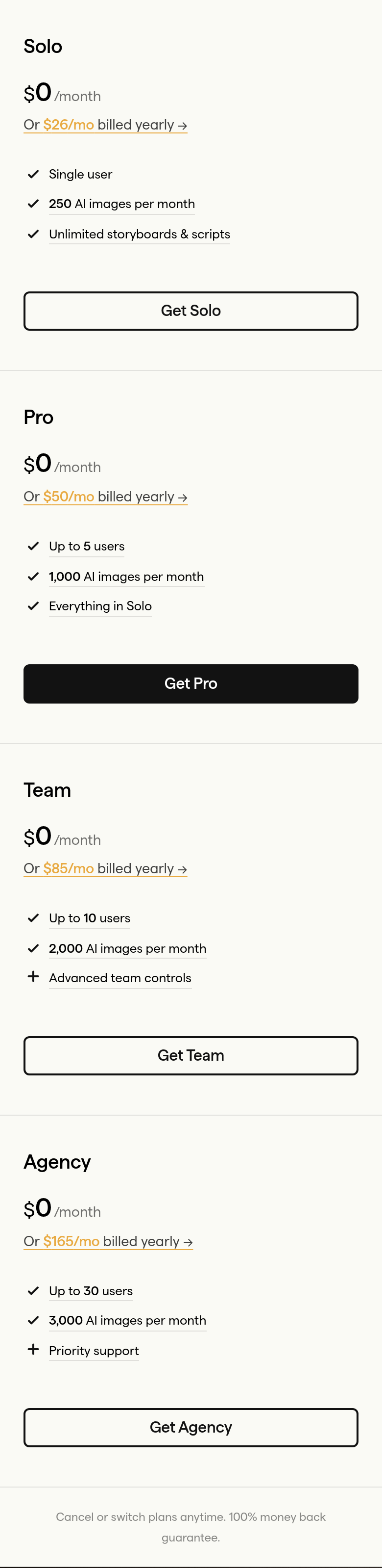 Pricing Plans section from Boords, on a phone