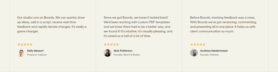 Testimonials section from Boords