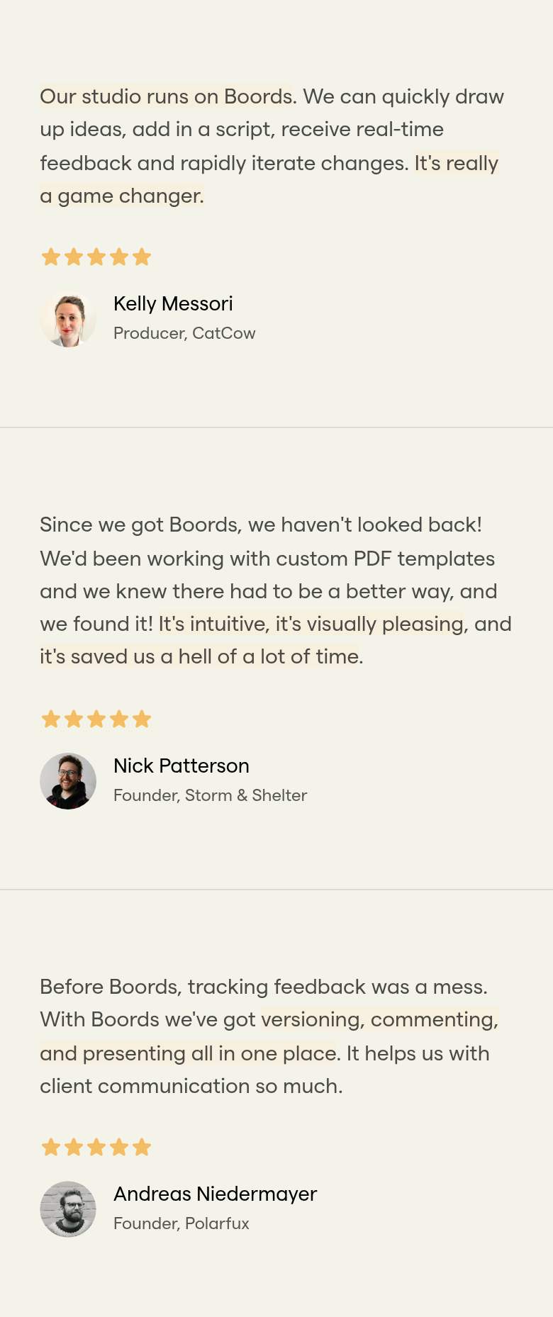 Testimonials section from Boords, on a phone