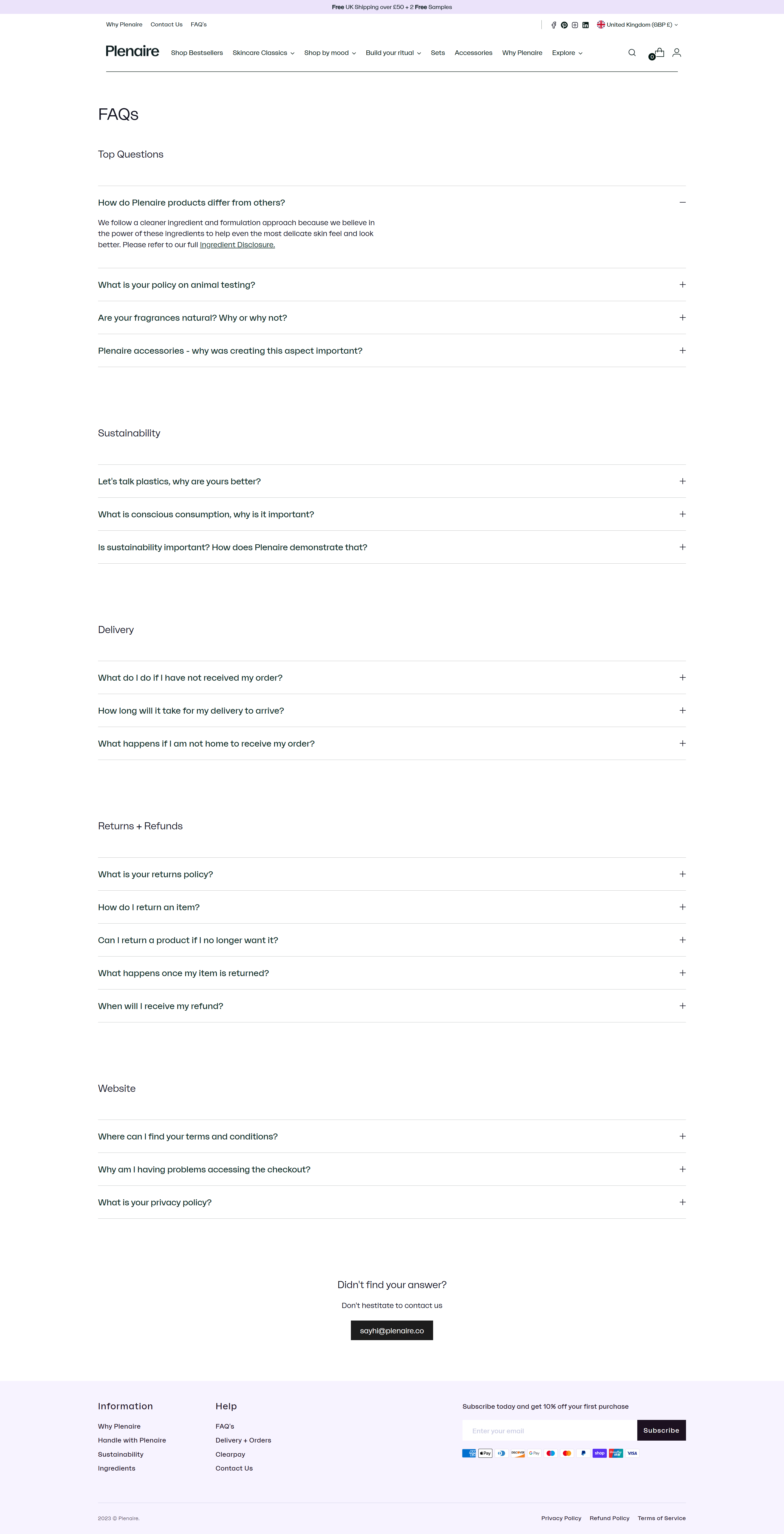 Screenshot of the FAQs page
