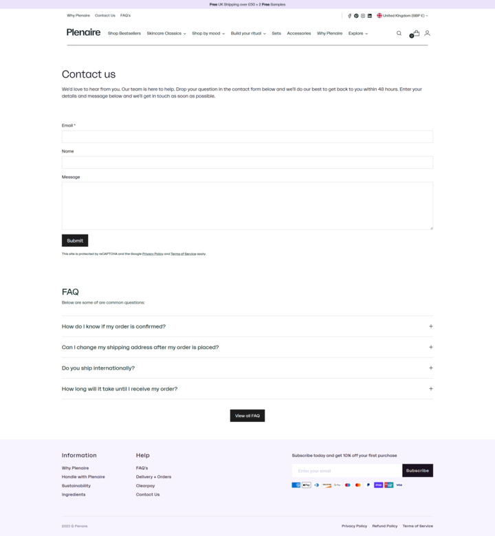 Screenshot of the Contact page