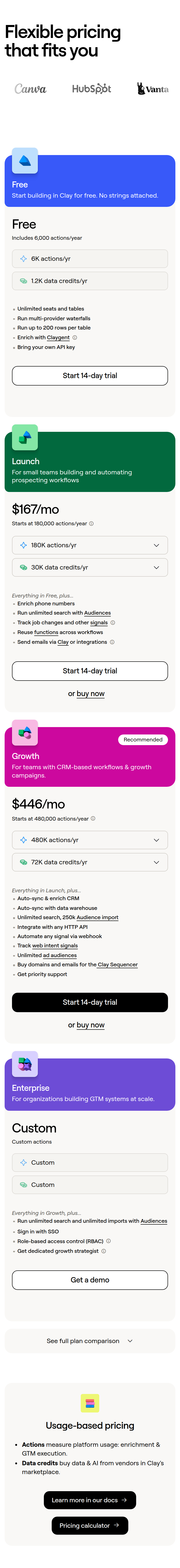 Flexible Pricing section from Clay, on a phone