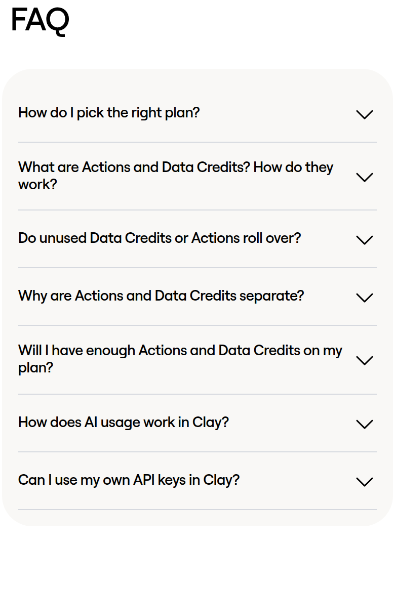 FAQ section from Clay, on a phone