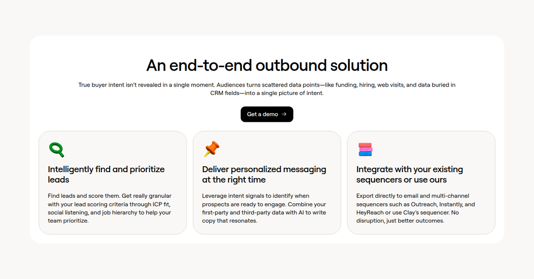 An End-to-End Outbound Solution section from Clay
