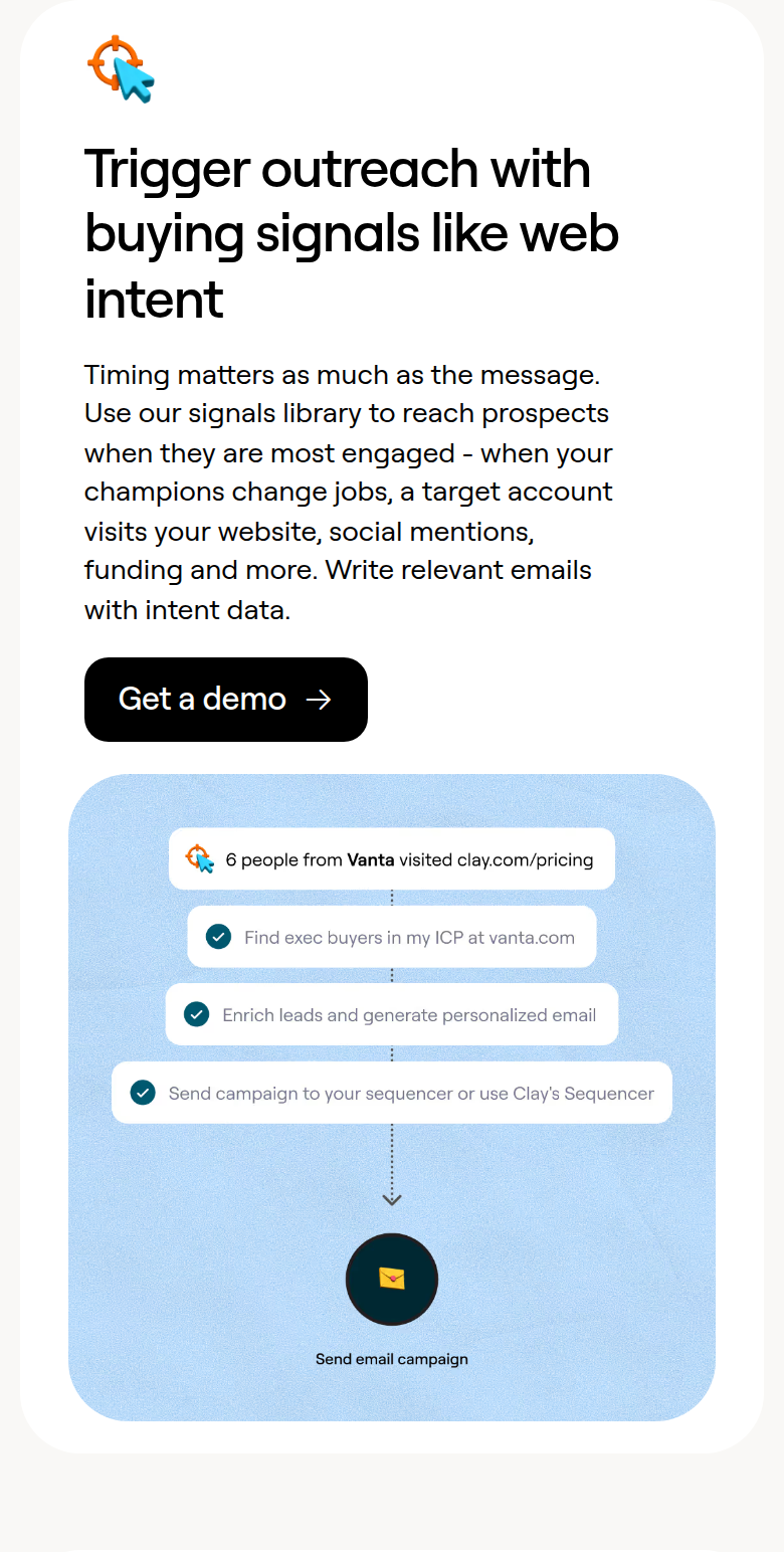 Trigger Outreach With Buying Signals section from Clay, on a phone