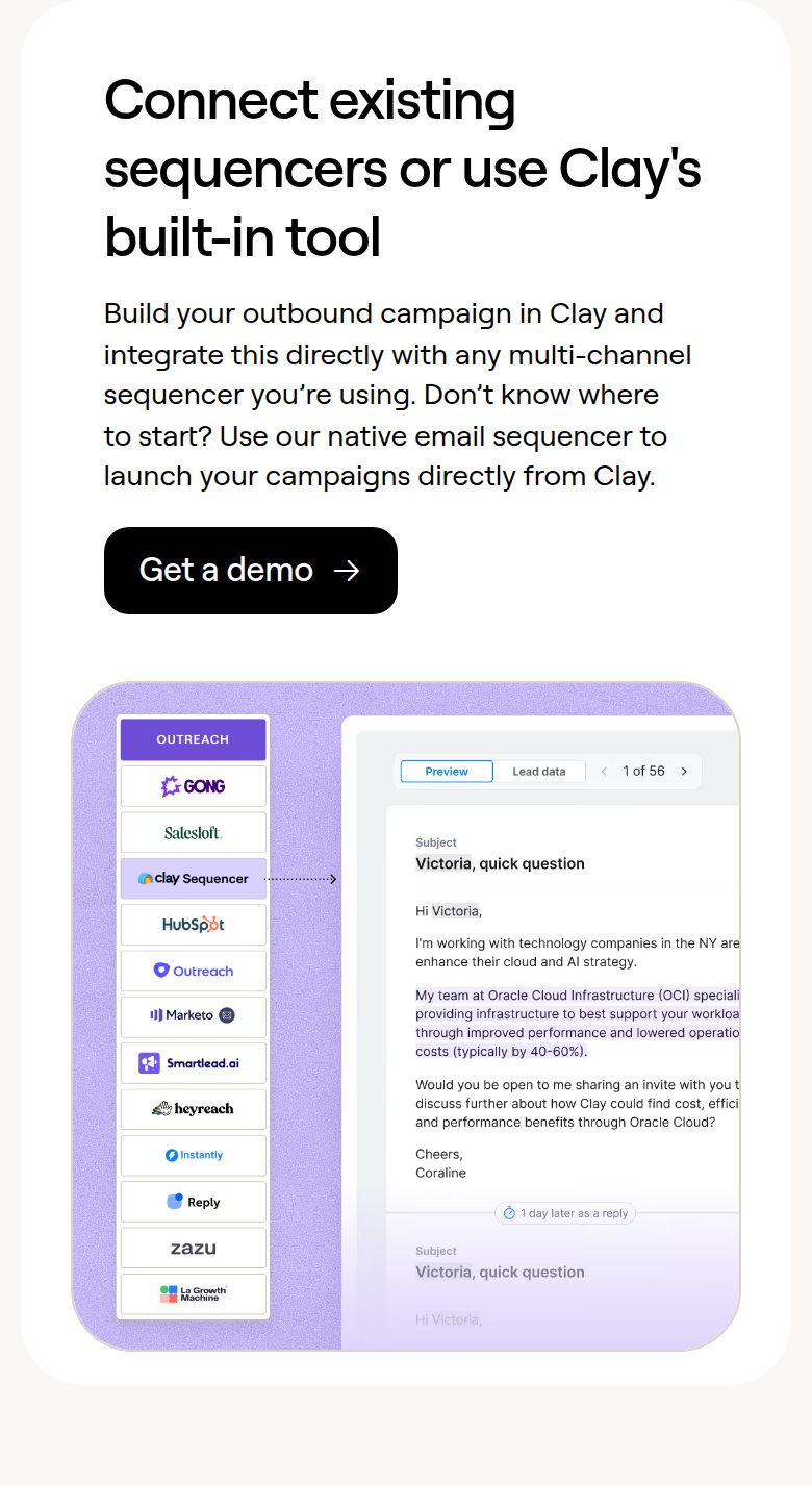 Connect Your Sequencers section from Clay, on a phone