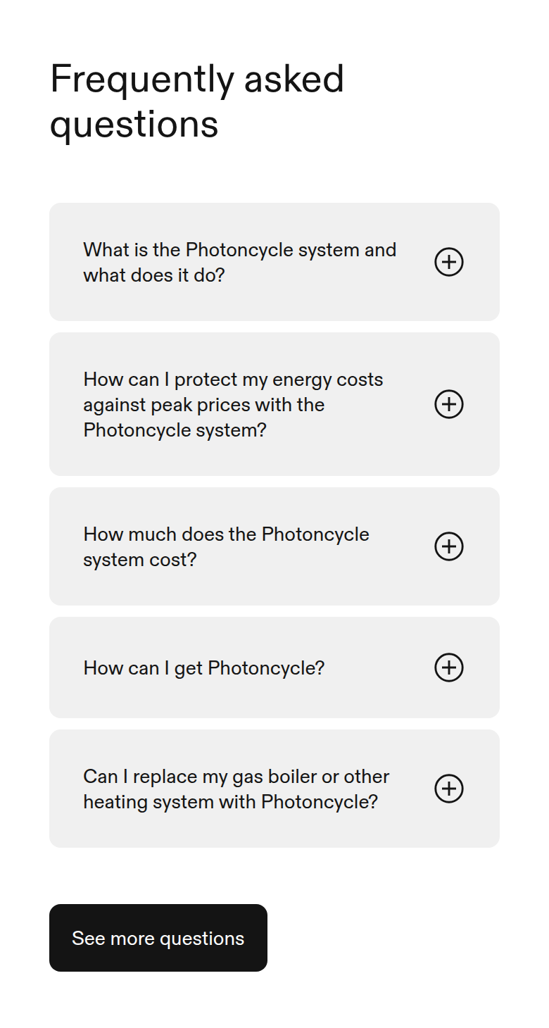 FAQs section from Photoncycle, on a phone