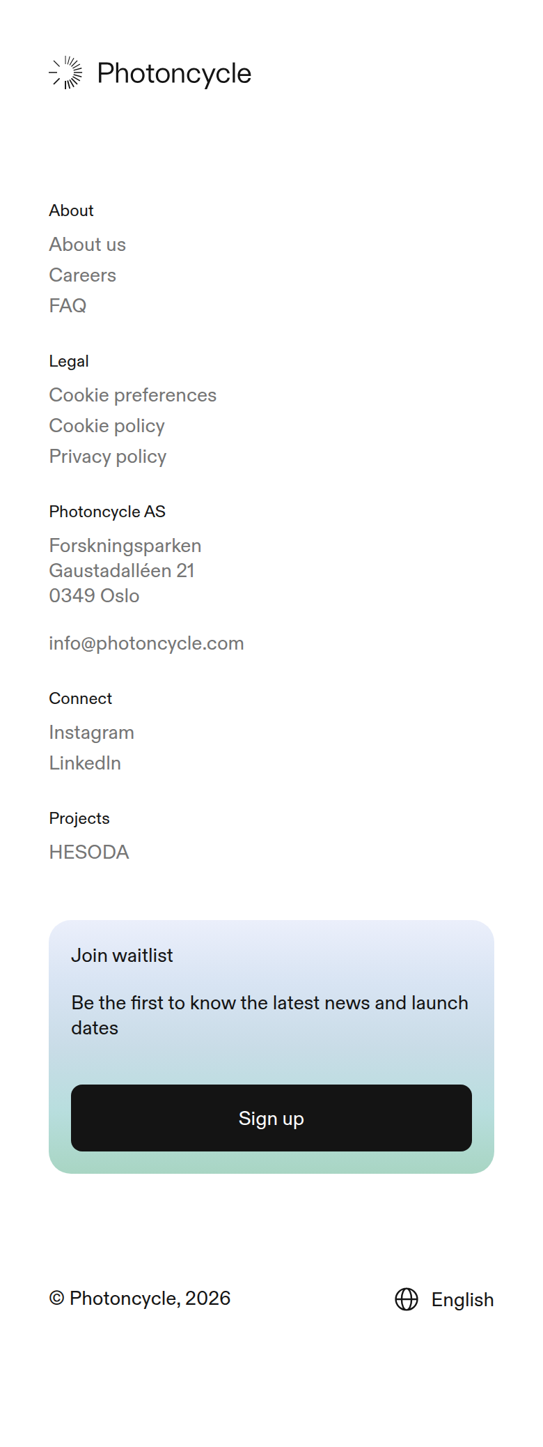 Footer section from Photoncycle, on a phone