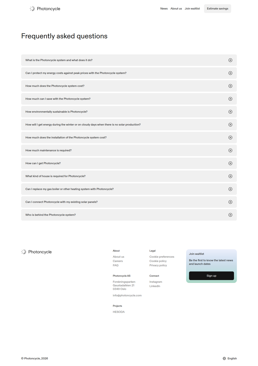 FAQs page of Photoncycle