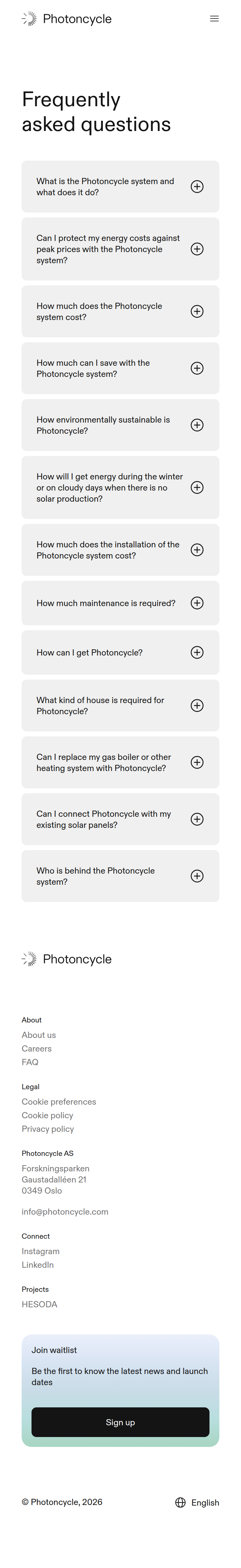 FAQs page of Photoncycle, on a phone