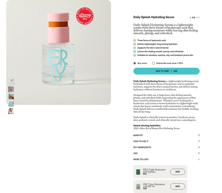 Daily Splash Hydrating Serum section from ERLY