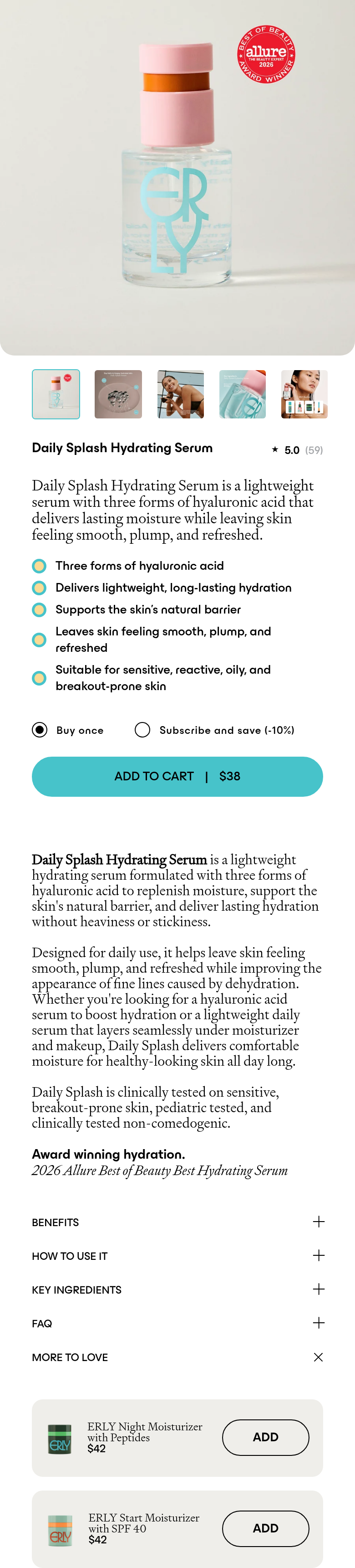 Daily Splash Hydrating Serum section from ERLY, on a phone