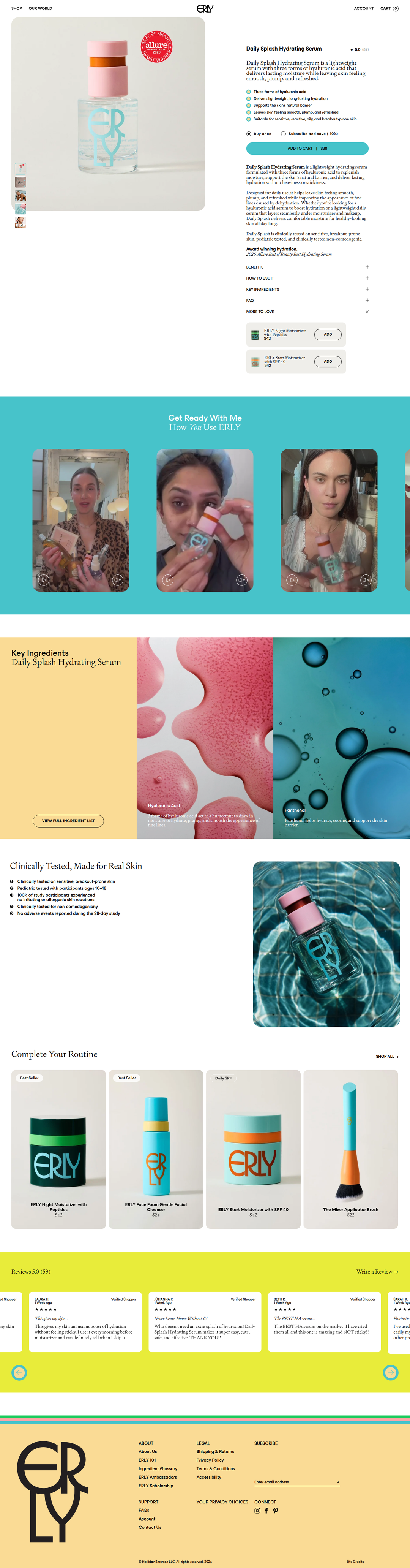 Daily Splash Hydrating Serum page of ERLY