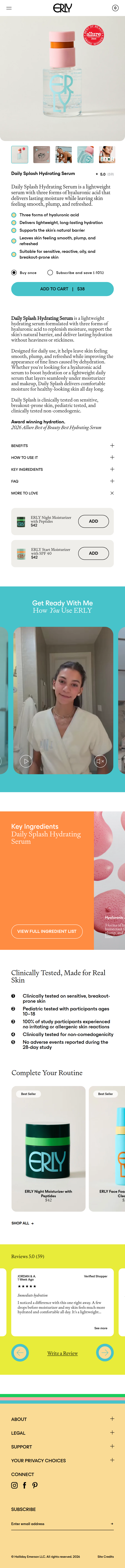 Daily Splash Hydrating Serum page of ERLY, on a phone