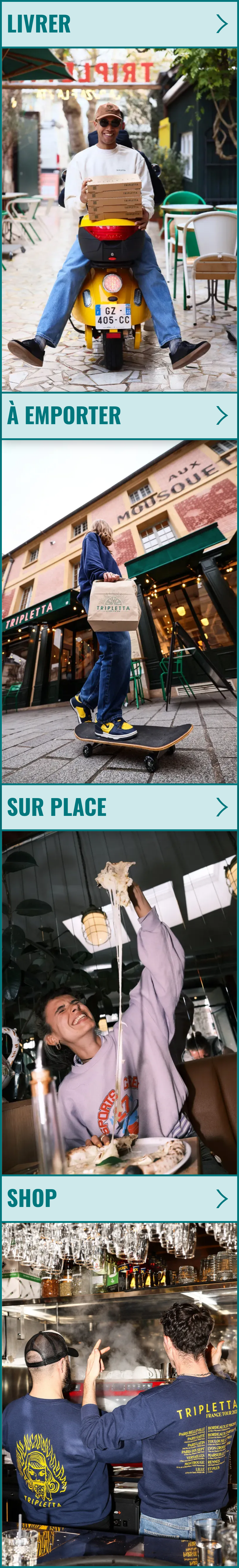 Livrer, À Emporter, Sur Place, Shop section from Tripletta, on a phone