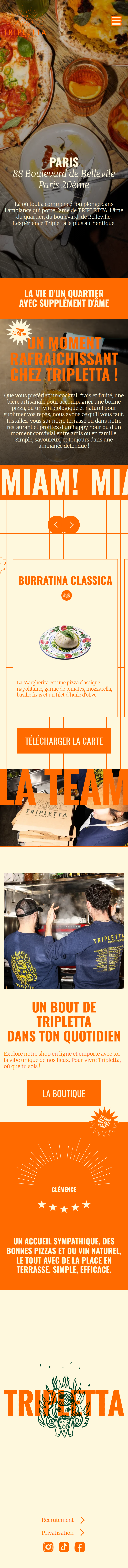 Pizzeria Belleville page of Tripletta, on a phone