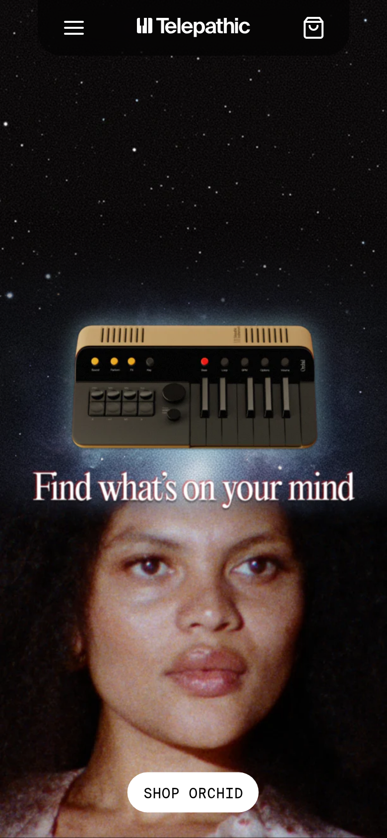 Hero section from Telepathic Instruments, on a phone