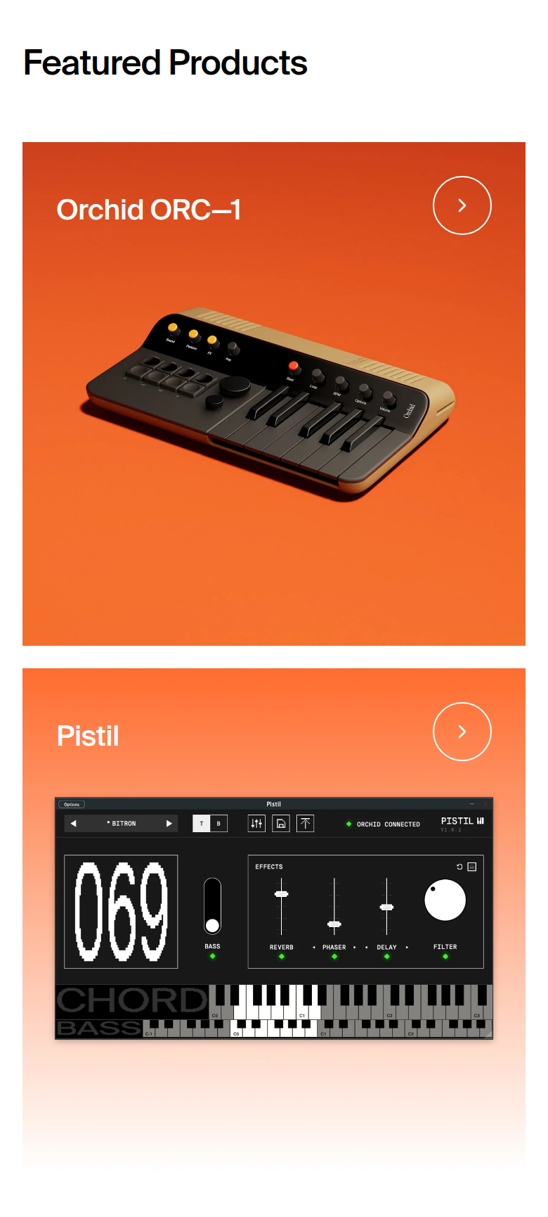 Featured Products section from Telepathic Instruments, on a phone