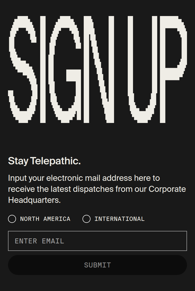 Sign Up section from Telepathic Instruments, on a phone