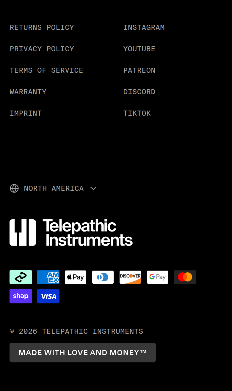 Footer section from Telepathic Instruments, on a phone
