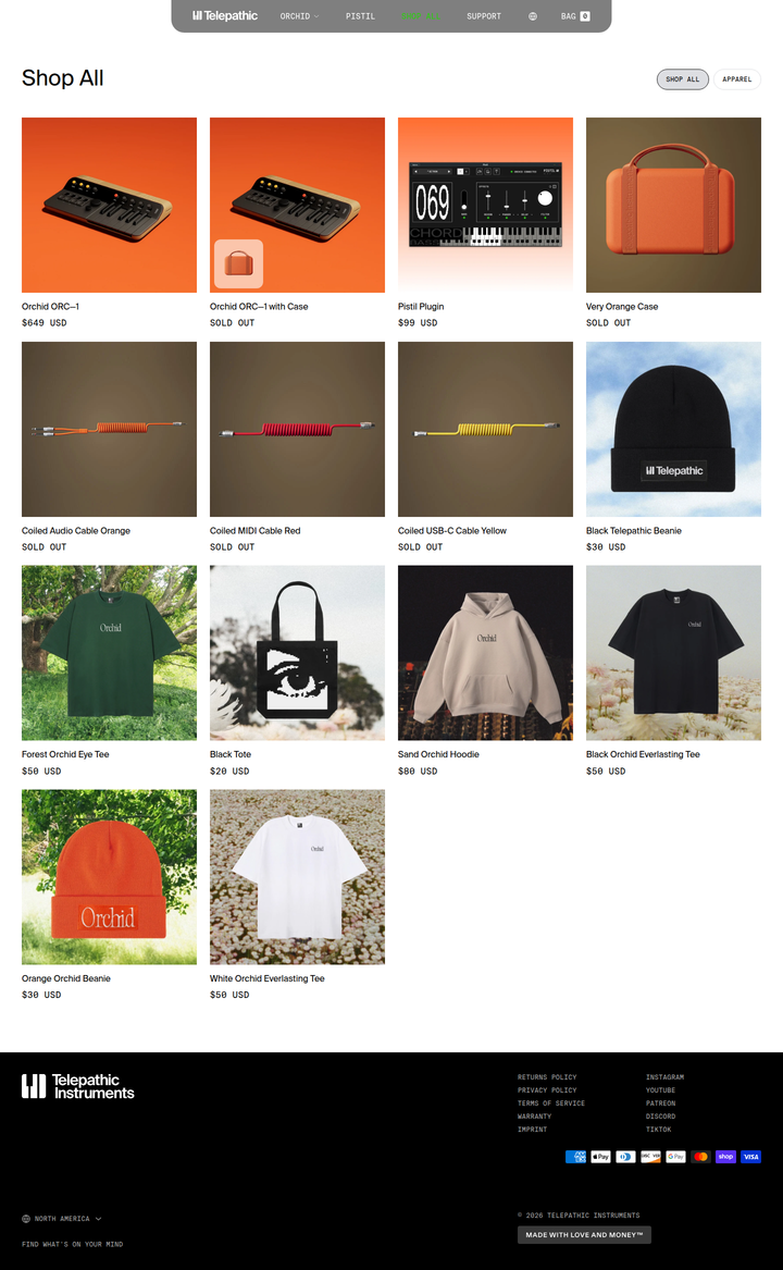 Shop All page from Telepathic Instruments