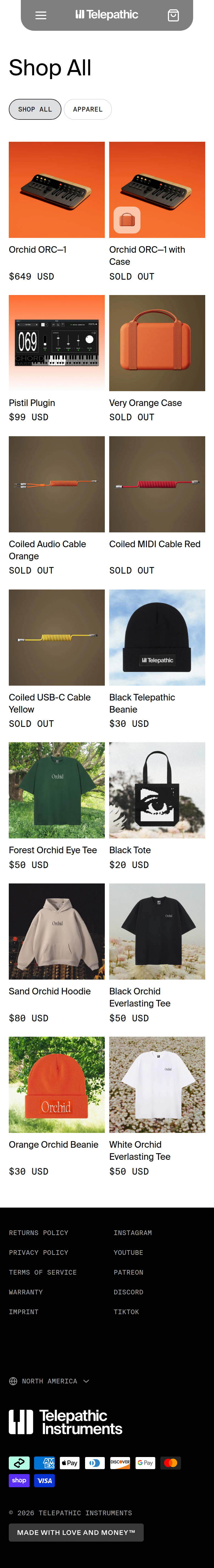 Shop All page of Telepathic Instruments, on a phone