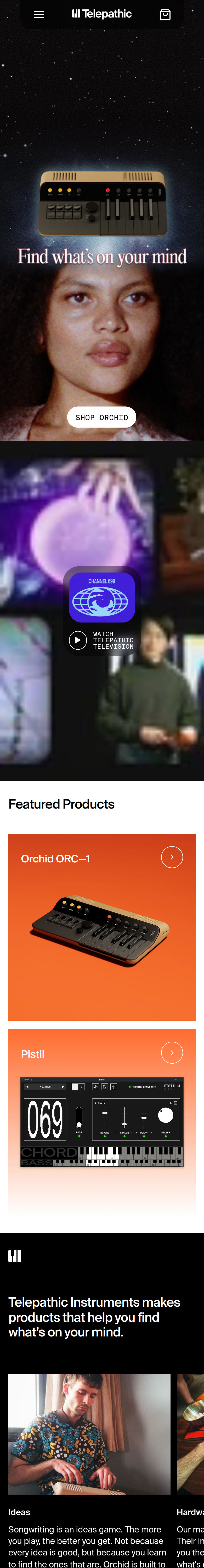 Home page of the Telepathic Instruments website, on a phone
