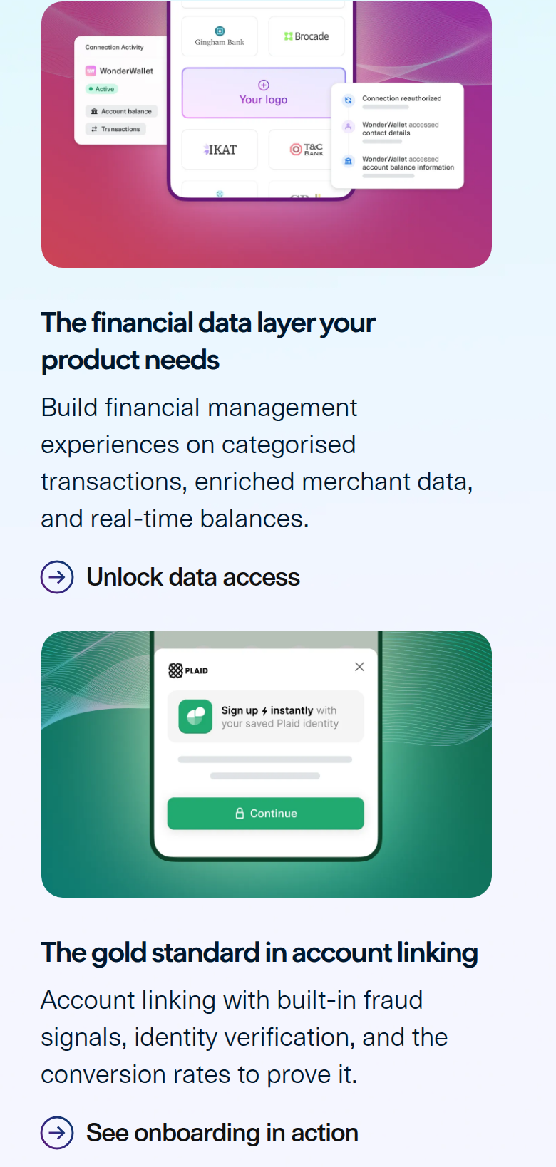The Financial Data Layer section from Plaid, on a phone