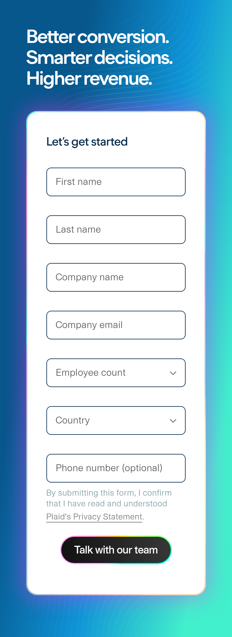 Sales Form section from Plaid, on a phone