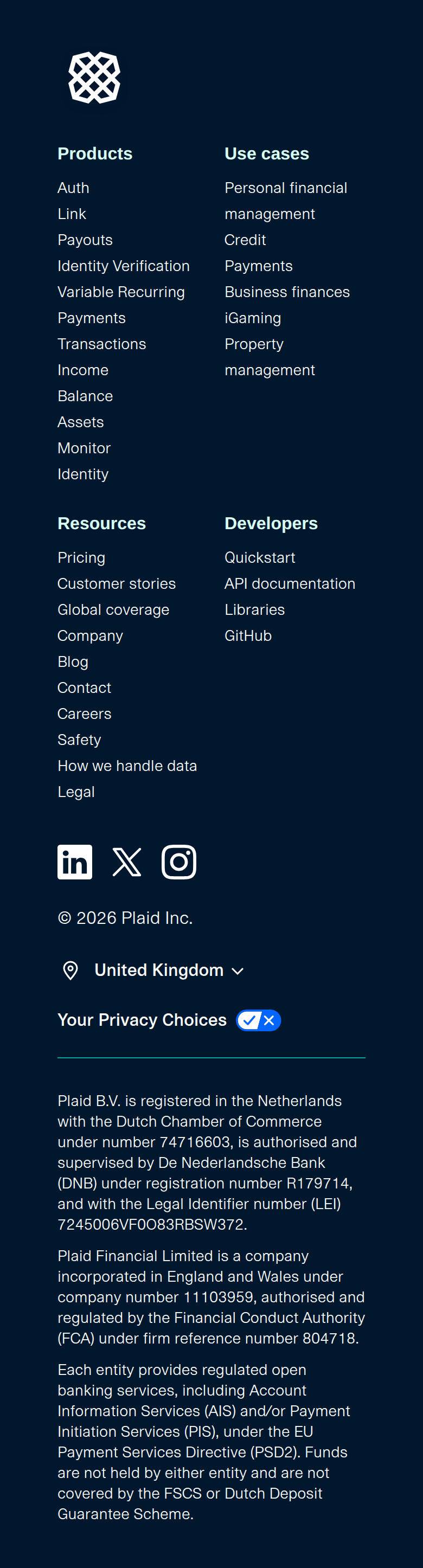 Footer section from Plaid, on a phone