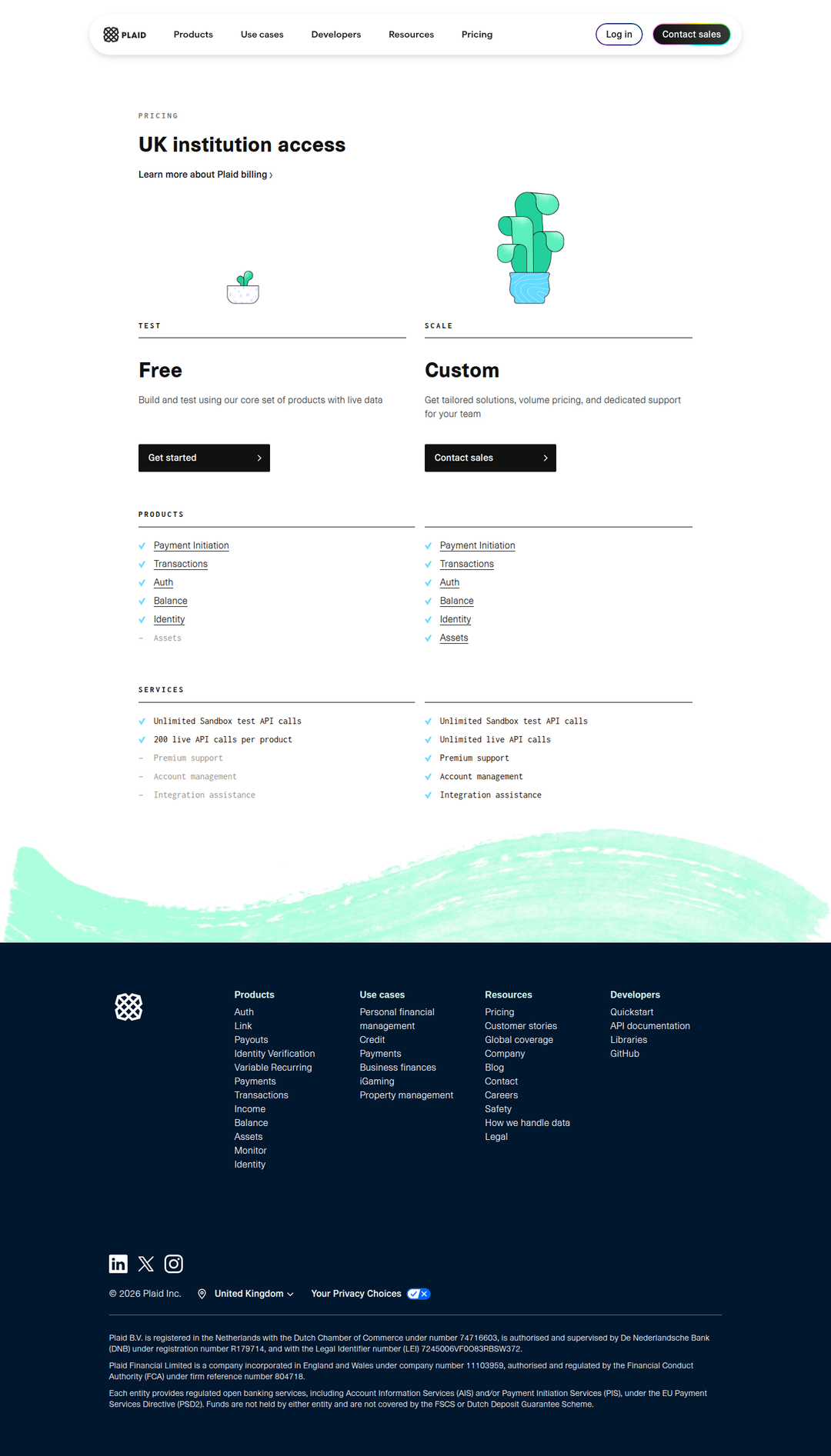 Pricing page of Plaid