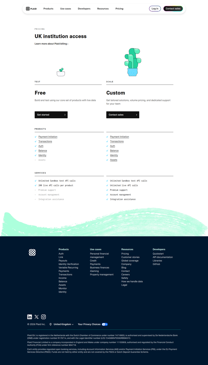 Pricing page from Plaid