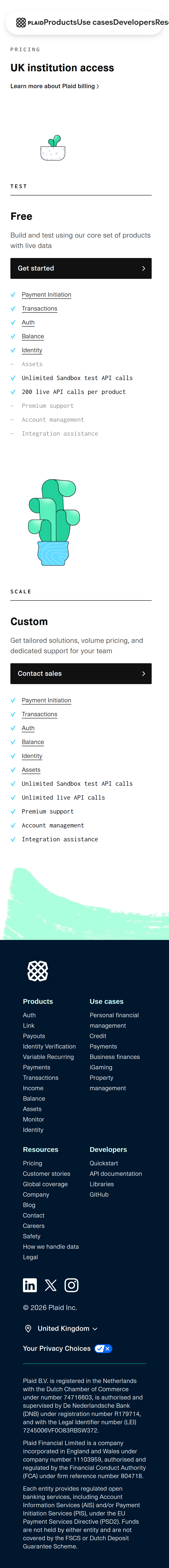 Pricing page of Plaid, on a phone
