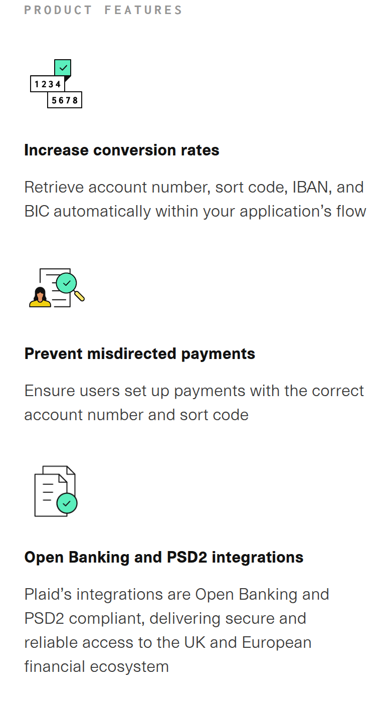Features section from Plaid, on a phone