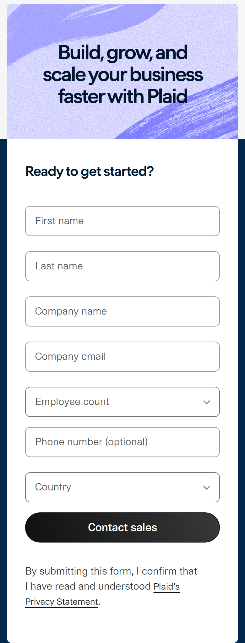 Contact Sales section from Plaid, on a phone