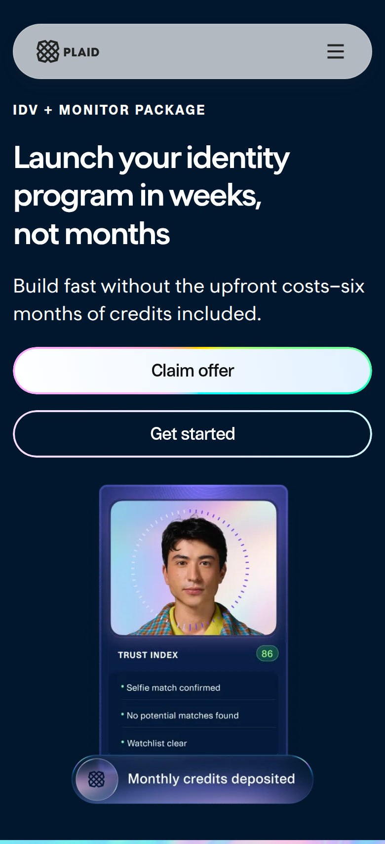 Offer Hero section from Plaid, on a phone