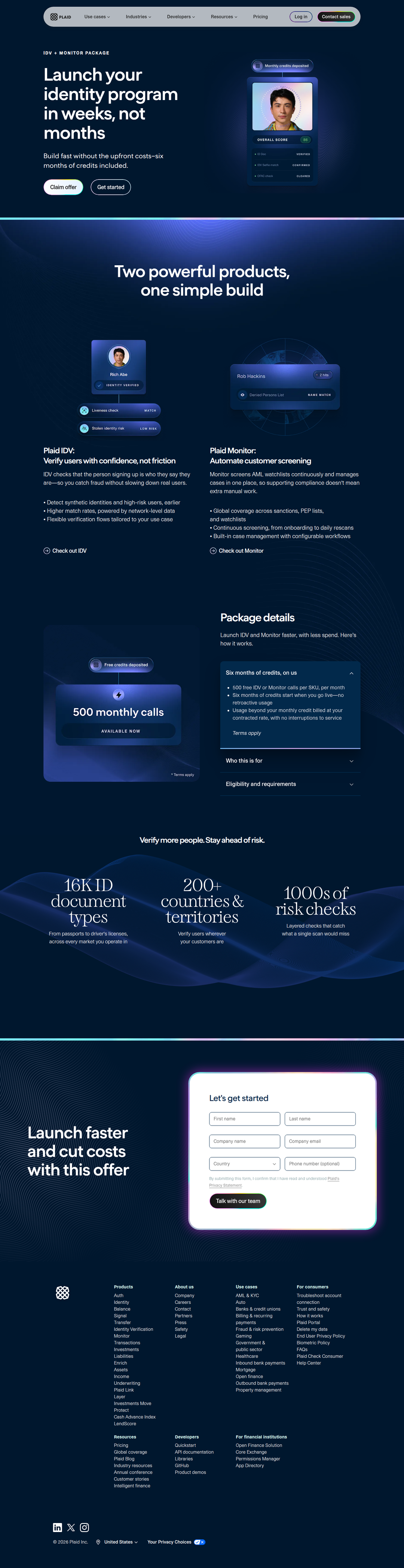 IDV + Monitor Offer page of Plaid